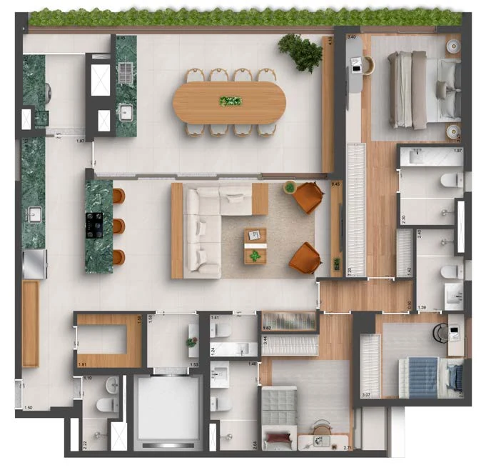 Planta do Quarten Ibirapuera: 164 m² · 3 suítes, com sala ampliada e cozinha aberta