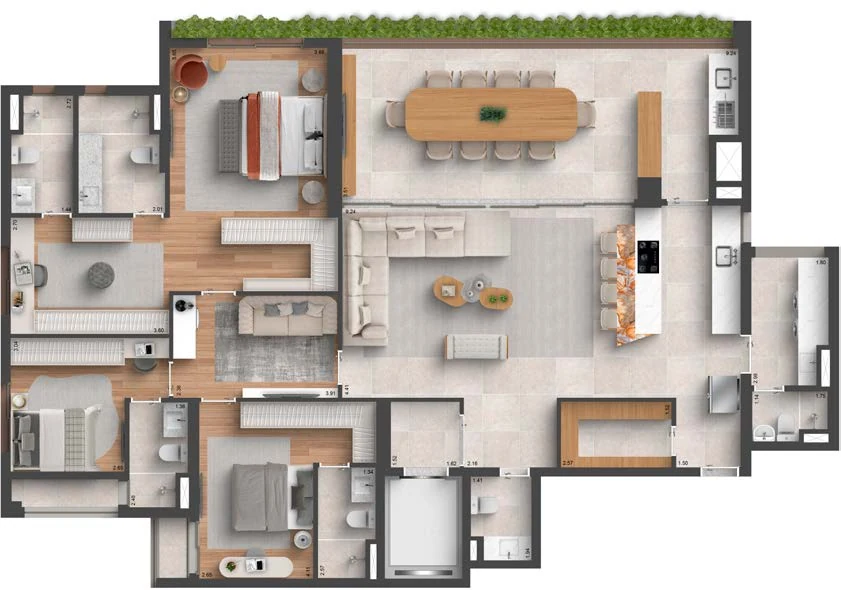 Planta do Quarten Ibirapuera: 207 m² · 3 suítes, com suíte master ampliada, banho Sr. e Sra. e cozinha aberta