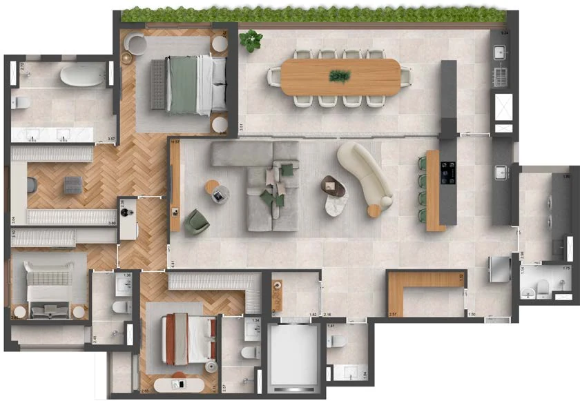 Planta do Quarten Ibirapuera: 207 m² · 3 suítes, com sala ampliada, banho master e cozinha aberta