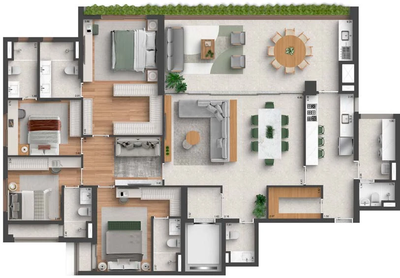 Planta do Quarten Ibirapuera: 207 m² · 4 suítes, com sala íntima