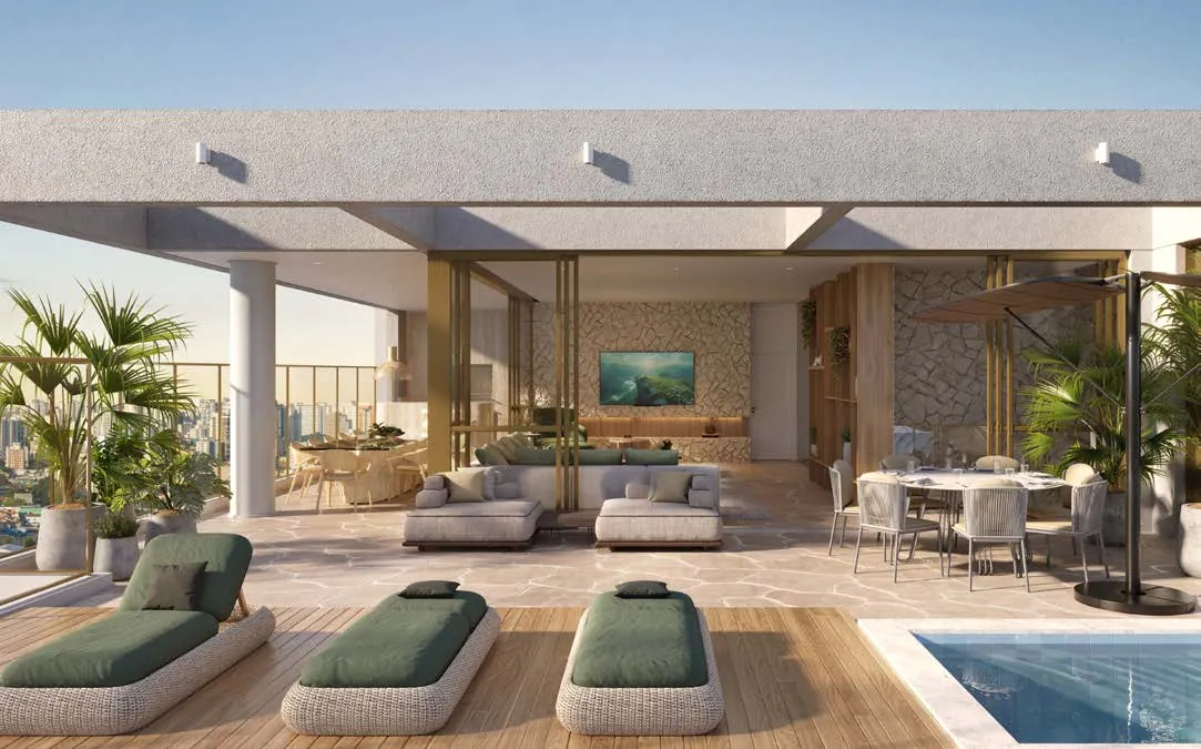 Perspectiva ilustrada: Terraço do duplex de 395 m² com piscina, Quarten Ibirapuera